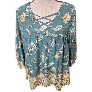 Cato Women's 18/20W Boho Floral Paisley‎ Criss Cross Peasant Top Rayon Blouse